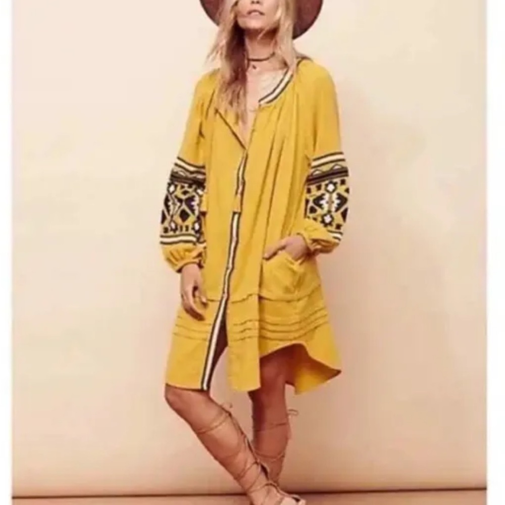 Free People In The Clear Tunic Dress Size S Embroidered Boho Floral Yellow